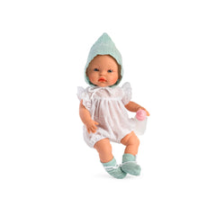 Alex doll with mint green hat, holding a pink bottle, in a white romper and matching socks, sitting on a white background.