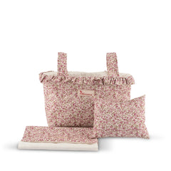 Floral-patterned doll stroller bedding set with pillow and blanket from ASI Dolls Cloe Collection.
