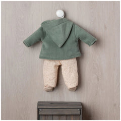 ASI Dolls Pablo Outfit from the Iris Collection features a soft, heathered green hoodie with a dotted pattern displayed on a