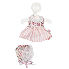 Pink striped doll dress with floral chest and matching bonnet.