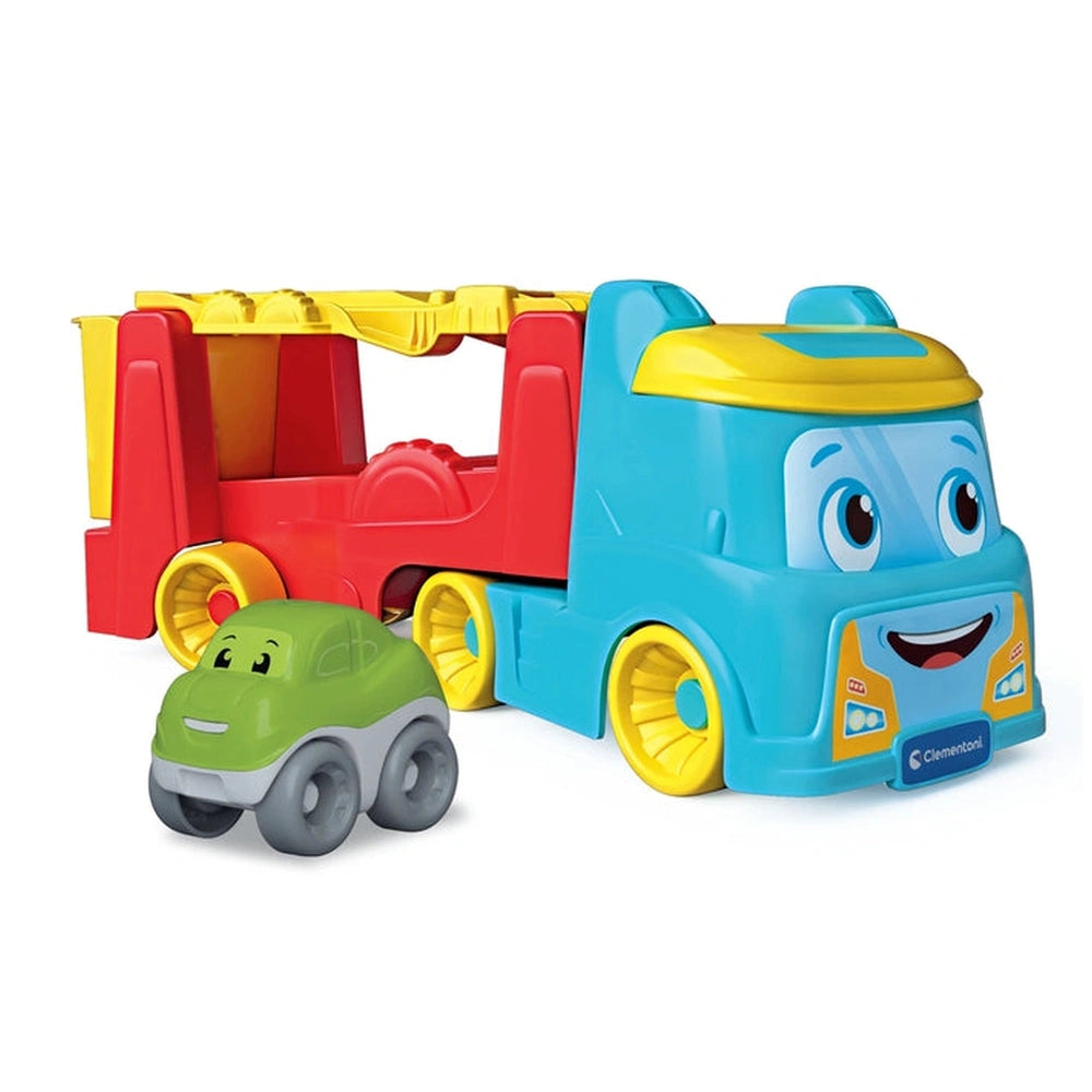 Baby Clementoni 2 In 1 Tumbling Cars Transporter features a colorful cartoon train with a smiling face and multiple vibrant p