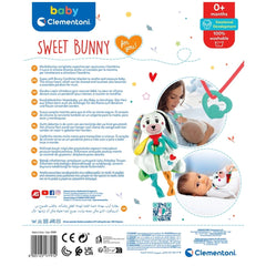 Baby bunny comforter in a playful advertisement featuring colorful text and illustrations, highlighting its appeal to parents