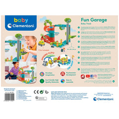 Baby Clementoni Fun Garage packaging showcases a colorful toy with ramps, slides, and a car track, appealing to young childre