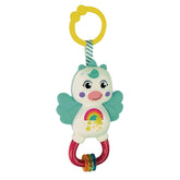 Baby Clementoni Little Unicorn Rattle features a smiling face, blue wings, a rainbow belly, and a yellow neck ring.