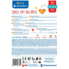 Baby Clementoni Lovely Soft Dog Rattle label features playful designs, colorful text, and icons highlighting product features