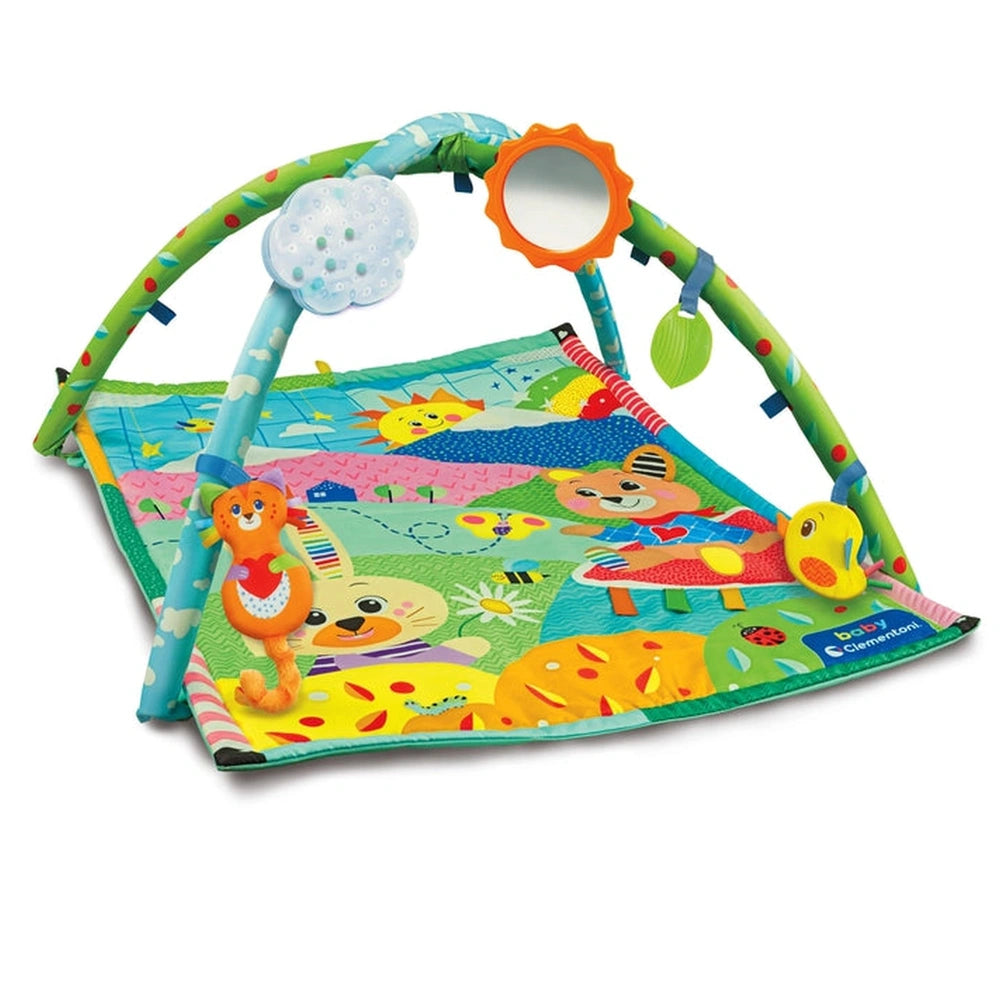 Baby Clementoni activity gym features a vibrant, colorful play mat with various patterns and textured areas for tactile explo