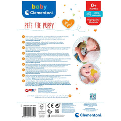Baby Clementoni's Pete The Puppy stuffed animal packaging features playful designs and bright colors, perfect for infants.