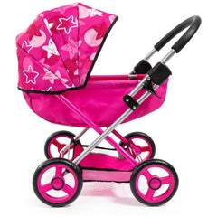 BAYER DESIGN Cosy Combi Pram Set features a pink stroller with white stars, black handle, wheels, and safety components.
