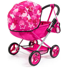 BAYER DESIGN Cosy Combi Pram Set features a pink star-patterned fabric stroller with a metal frame, black wheels, and a pink