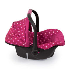 BAYER DESIGN Doll Deluxe Car Seat features a black frame with pink accents and a pink polka dot canopy.