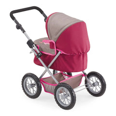 BAYER DESIGN Dolls Pram in trendy red and gray fabric with black plastic wheels and handle, featuring a seat and canopy.