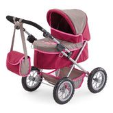 BAYER DESIGN dolls pram in trendy red, gray, and pink with a canopy, seat, handle, and wheels, featuring a modern design.