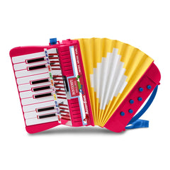 Bontempi accordion features a glossy white keyboard with black, gray keys and a yellow fan with blue blades.