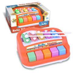 Bontempi Baby Xylopiano features an orange plastic keyboard with 18 colorful keys and 12 white buttons, packaged in glossy or