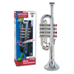 Bontempi trumpet in shiny silver displayed in a blue and white cardboard box with transparent plastic window.