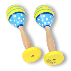 Bontempi wooden maracas with yellow bodies featuring blue and white polka dots and brown wooden handles, displayed front view