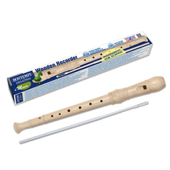 Bontempi wooden recorder in blue retail packaging with plastic window, handle, and tie wrap, suitable for ages 6 and up.