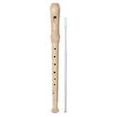 Bontempi wooden recorder featuring a metal body, tone holes, and key mechanism in a centered front view.