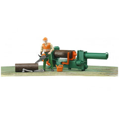 Toy forester figure with chainsaw, next to green log splitter and logs on a wooden surface, wearing safety gear.