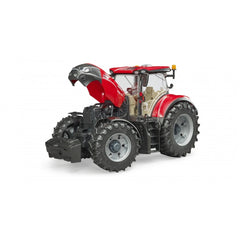 Red Bruder Case IH Optum 300 CVX toy tractor with open bonnet, detailed engine, and glazed cabin, showcasing realistic design.