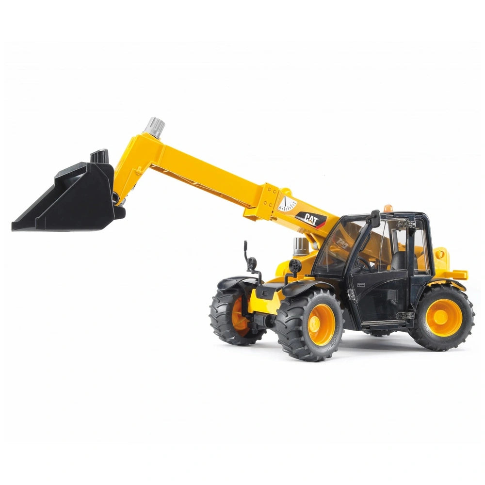 Bruder CAT Telehandler toy with yellow extendable arm, black cabin, and realistic wheels on a white background.