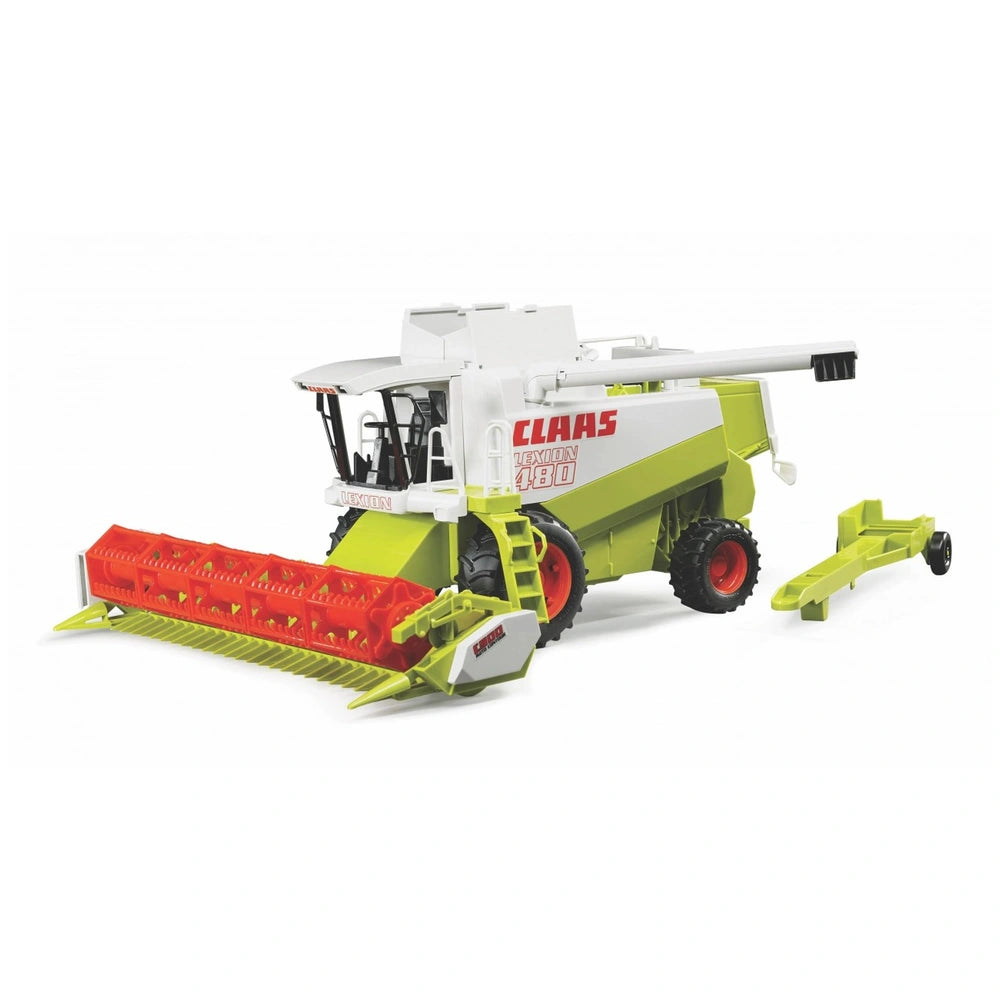 Bruder Claas Lexion 480 toy combine harvester with realistic details, detachable cutting unit, and vibrant green-red color scheme.