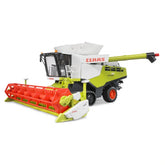 Bruder Claas Lexion 780 toy harvester with red reel and green-white body, featuring Terra Trac caterpillar tracks.