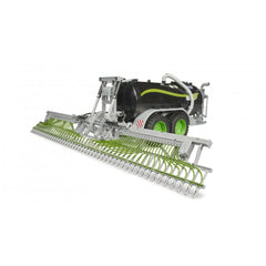 Toy model of Bruder Fliegl Barrel Trailer with green wheels and silver towing hose distributor.