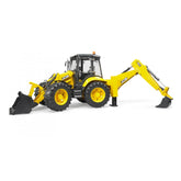 Yellow toy JCB 5CX Backhoe Loader with front loader and rear excavator on stabilizing outriggers, ideal for creative play.