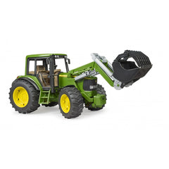 John Deere 6920 toy tractor with frontloader, green body, yellow wheels, detailed cab, and functional features.