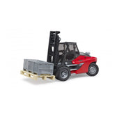 Red Bruder Linde HT160D stacker toy lifting pallet with three gray cages, featuring detailed cab and double-lift mast.