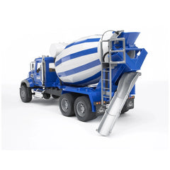 Blue Bruder MACK Granite Cement Mixer toy truck with a striped drum and realistic details, rear and side view.