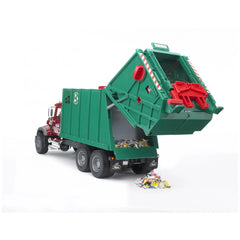 Bruder MACK Granite Garbage Truck with raised green container unloading colorful trash.