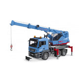 Blue Bruder MAN TGS crane truck toy with extended boom and red stabilizers, featuring detailed cab design.