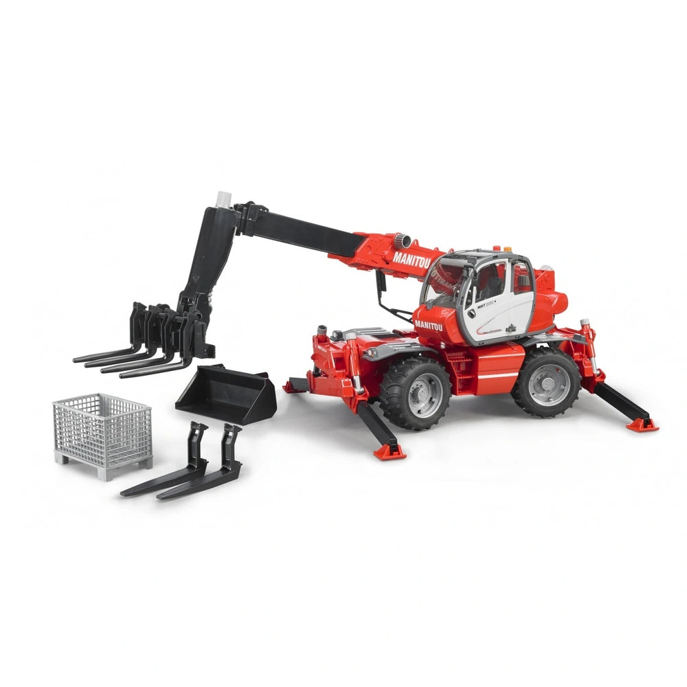 Red toy Manitou MRT 2150 telehandler with extendable arm, bucket, forks, and metal basket on a white background.