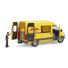 Yellow Bruder MB Sprinter DHL toy with driver, open doors reveal cargo and miniature packages inside.