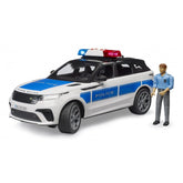 Range Rover Velar Police toy with blue accents, siren lights, and a uniformed officer figure beside it.
