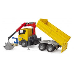 Yellow Bruder Scania truck with a red crane and two pallets, showcasing a realistic construction site design.