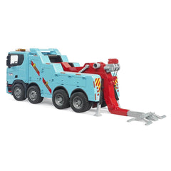 Light blue Scania Super 560R toy tow truck with red crane arm, multiple wheels, and detailed cabin design.