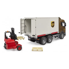 UPS Scania truck with open container, red forklift lifting a pallet, beige pallet on ground.