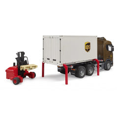 Bruder Scania UPS logistics truck with detachable white container and red forklift.