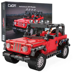 CaDA Adventure Off-Roader Jeep construction set in red plastic with black and silver wheels, featuring headlights and roof ra