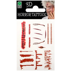 3D Horror Bloody Scars Prosthetic Tattoo Set featuring red tattoos on a man's face against a black background, with branding