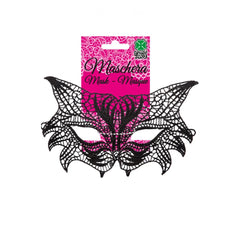 Black cat fabric mask with pink and white details, packaged in a rectangular white background with "Maschera Mask - Masque" t