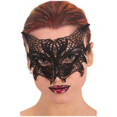 Black cat fabric mask featuring a spider web design, red glossy lips, and a pointed chin for imaginative dress-up play.