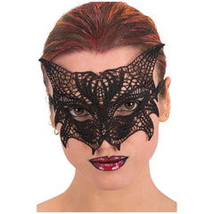Black cat fabric mask featuring a spider web design, red glossy lips, and a pointed chin for imaginative dress-up play.