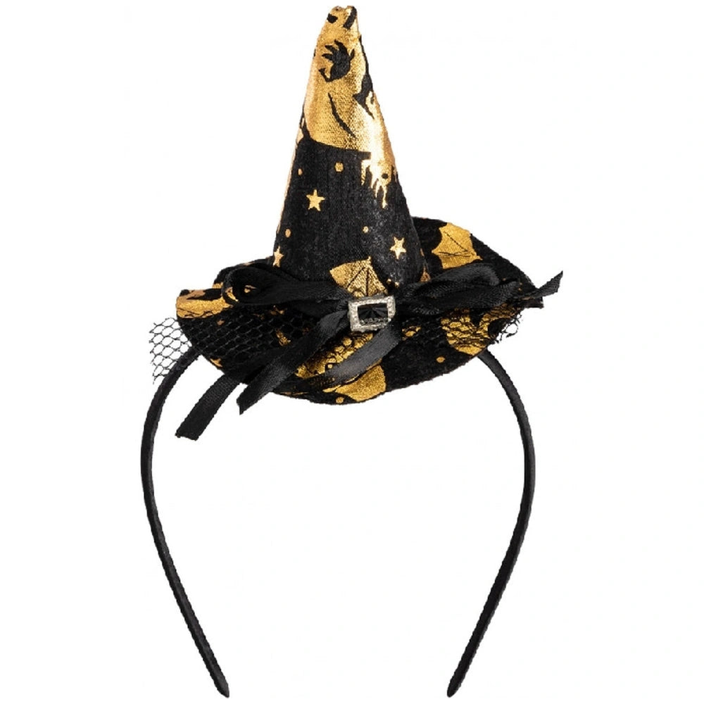 Black witch mini hat with gold decorations, featuring a glossy fabric, stars, crescent moon pattern, and elasticated band.