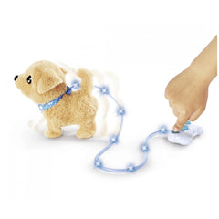 Loomy Golden Retriever plush toy with a blue collar and star-patterned leash on a smooth white surface.