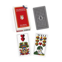 Dal Negro Salzburger Card Pro in red matte cardboard case with glossy playing cards featuring various graphics and texts.