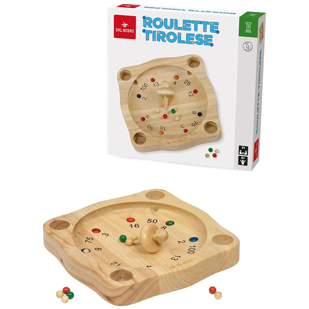 Dal Negro Tyrolean Roulette wooden board game set with red and green plastic pieces and black numbers on a tan board.